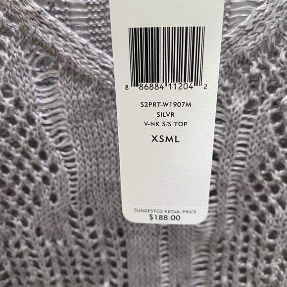 Eileen Fisher Precious Metal Open Texture Linen Silver V Neck S/S Top XS - Picture 10 of 11